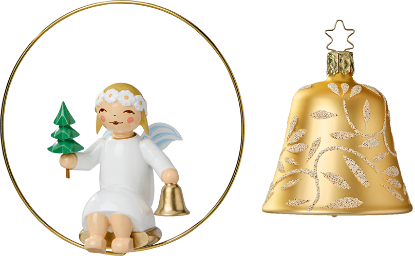 Angel in Ring with Little Tree and Bell; Glass Bell, Gold